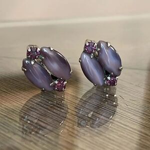 Vintage Clip Earrings Purple Cats Eye & Rhinestones